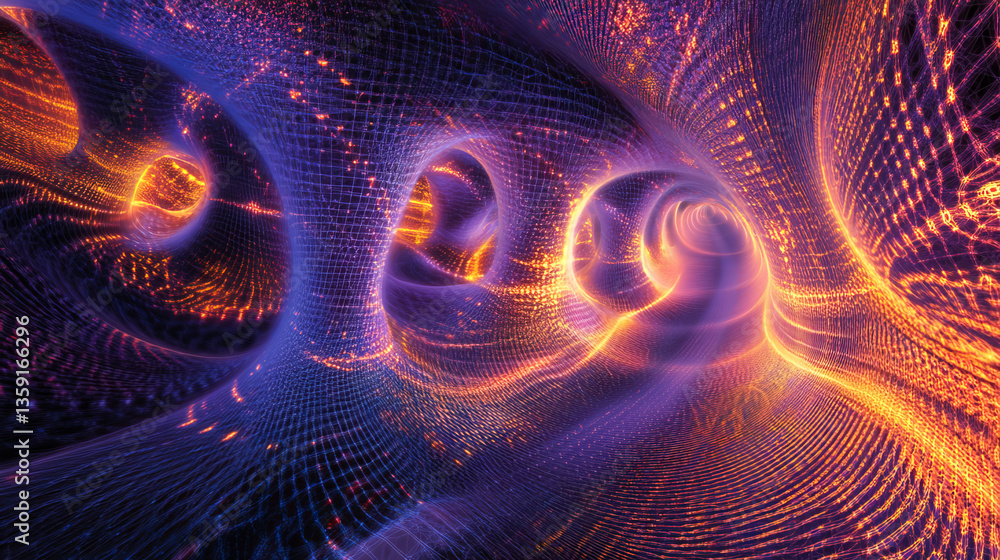 Poster abstract nanofiber 3d illustration. twisted lines with dots of light. neuro impulse in cyber stream