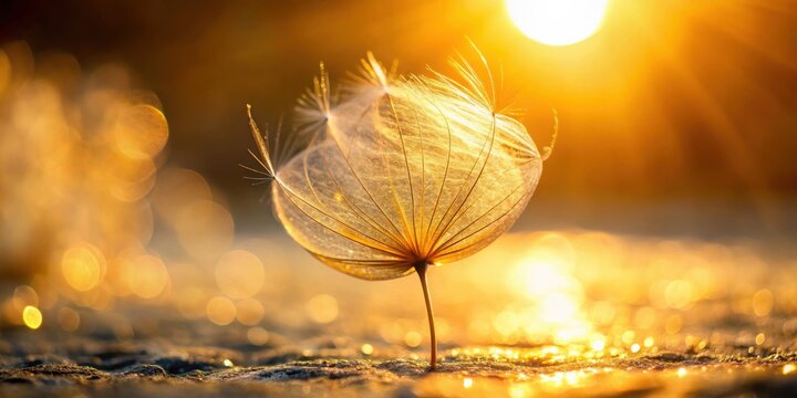 A single dandelion seed head with delicate white hairs stands tall against a golden sunset backdrop, bathed in warm light, casting a radiant glow on the surrounding ground.