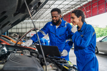 Team Auto mechanic are checking and repair maintenance auto engine is problems at car repair shop.