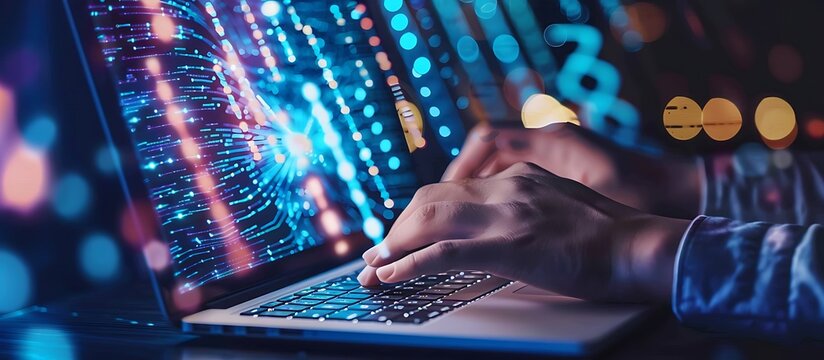 Our collection of $250 ethnic wallpaper and web design, close-up shot of hands working with a laptop in the laboratory, digital hologram double helix on the screen,