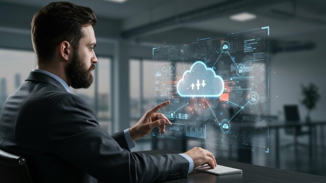 Caucasian businessman interacts with digital cloud interface in modern office Themes of technology and innovation