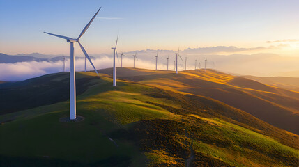 A modern wind farm with multiple sleek white wind turbines spread across rolling hills, with the sun setting behind them