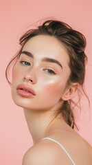 Fototapeta premium A close-up portrait of a young woman with radiant, dewy skin, natural makeup, and soft pink tones, exuding beauty and elegance. 
