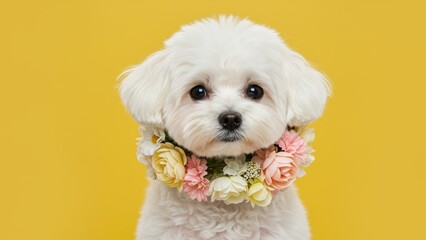 Obraz premium White Bichon Frise puppy wearing floral collar on yellow background Perfect for pet themed concepts