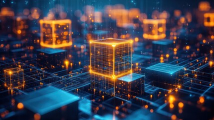 Abstract digital cubes network, city lights background, futuristic data processing