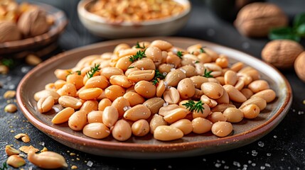 A plate of salted nuts ready to be served as a snack.  HD 8K wallpaper Photographic Image