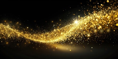 Naklejka premium A swirling wave of golden glitter on a black background, creating a mesmerizing spectacle of light and movement