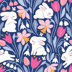 Seamless vector pattern with cute white rabbits on floral background. Hand drawn Easter bunny pattern. EPS 10 vector file. Perfect for textile, wallpaper or nursery print design.