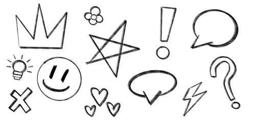Set of doodle sketch icons including crown, star, smiley, heart, lightning, and speech bubbles on transparent background. PNG image
