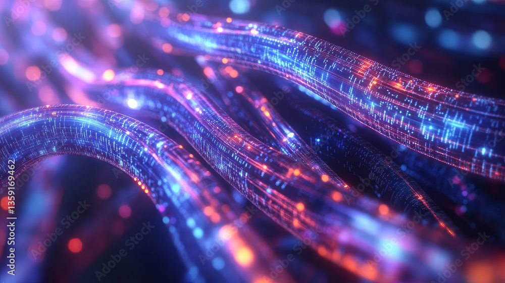 Poster high-speed internet, blockchain technology, optical data transmission. cyberfield of encoded data. 3