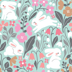 Seamless vector pattern with cute white rabbits on floral background. Hand drawn Easter bunny pattern. EPS 10 vector file. Perfect for textile, wallpaper or nursery print design.
