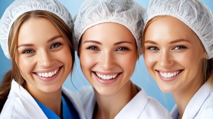 Three Smiling Female Doctors Wearing Scrubs and Caps Positive Healthcare Professionals