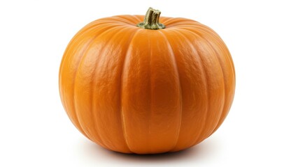 Obraz premium Single vibrant orange pumpkin on white background symbolizes harvest season linked to Halloween, Thanksgiving, sustainability