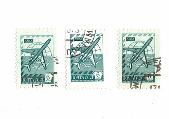 Old postage stamps from Russia isolated on a white background.