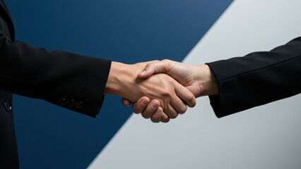 Two businessmen shaking hands in formal attire against a blue and white backdrop Themes of partnership and success
