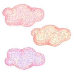 Set of three pink cartoon clouds isolated on white background. Simple, abstract sunset clouds clip art. Watercolor illustration for children's products: books, stationery, stickers, soap, shampoo, etc