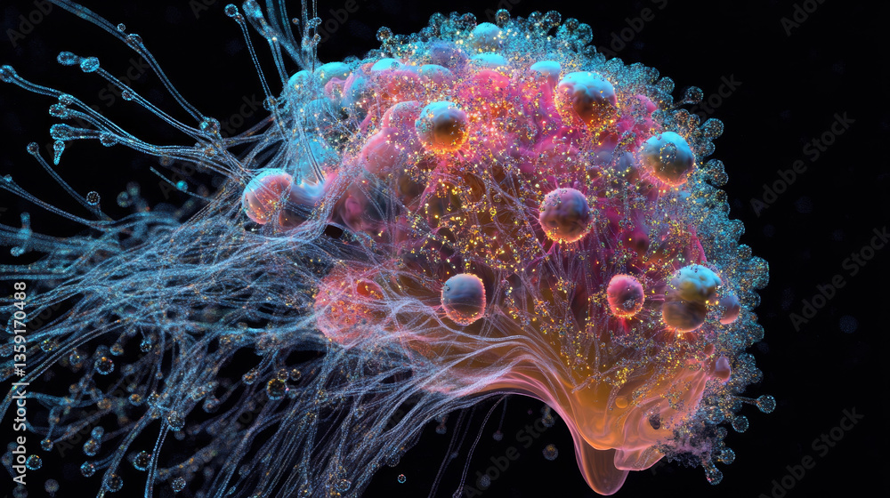 Poster abstract neural network 3d illustration. cyber emotion for business presentation. nano particles in 