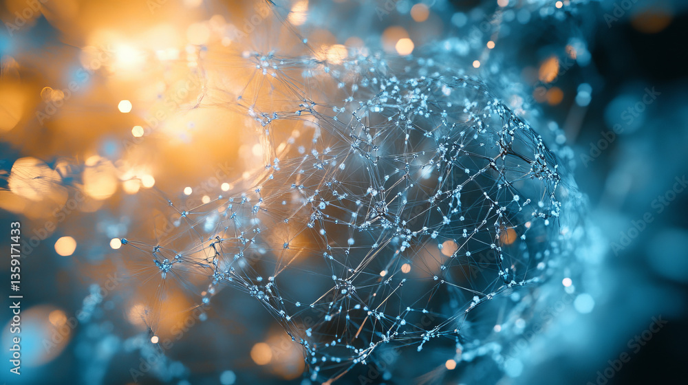 Poster nano structure, crystal lattice, cyber network 3d illustration. neural connections of woven data. de