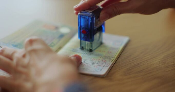 The concept of obtaining a stamp in the passport on entry into the territory of another state. Visa stamp in passport ID. Entry in foreign country.