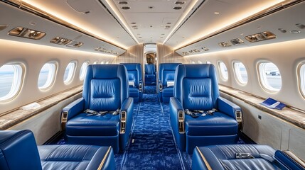 Fototapeta premium luxurious private jet interior blue leather seating