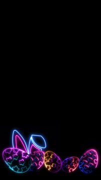 Vertical neon illuminated happy easter creative frame or banner template. Decorated Easter Egg with Ornaments. Neon Easter Eggs in Glowing Light and Cute Bunny Ears Isolated on Black Background
