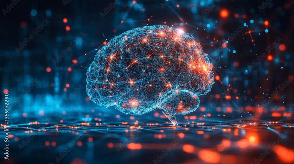 Poster synthetic mind, artificial intelligence 3d illustration. programming cpu impulses of neural networks