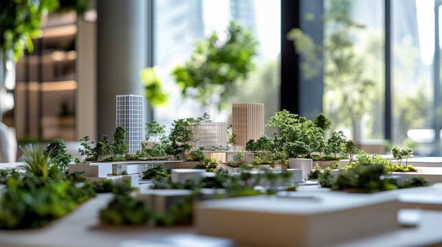 Planner focused on sustainable urban growth green project models and architectural layouts modern eco-centric workspace.  