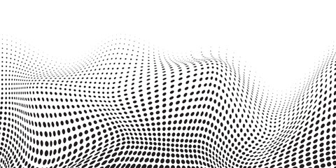Abstract halftone wave pattern with black dots creating a dynamic optical illusion effect. Modern geometric texture background, digital design, and futuristic concepts. Vector illustration.  © viktoria_ngm