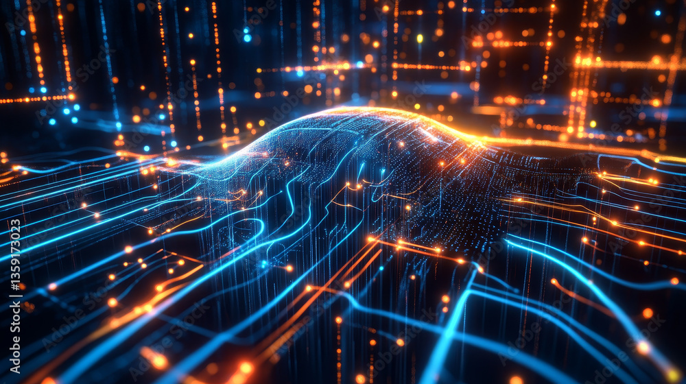 Aufkleber neon network of digital data streams. 3d illustration of cyber field hi-tech neuro grid