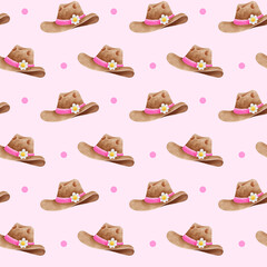 Repeating design of brown cowboy hats decorated with pink bands and white daisies on soft pink backdrop