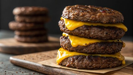 A stack of juicy burger patties with cheese slices, showcasing a delicious fast food meal.
