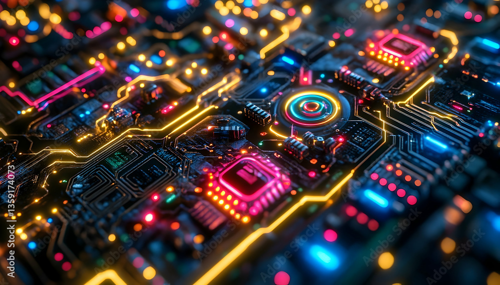 Poster colorful close-up of a futuristic circuit board with glowing lights and intricate patterns, showcasi