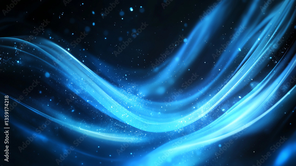 Poster technology background with blue waves and soft light lines on a blue background. blue gradient color