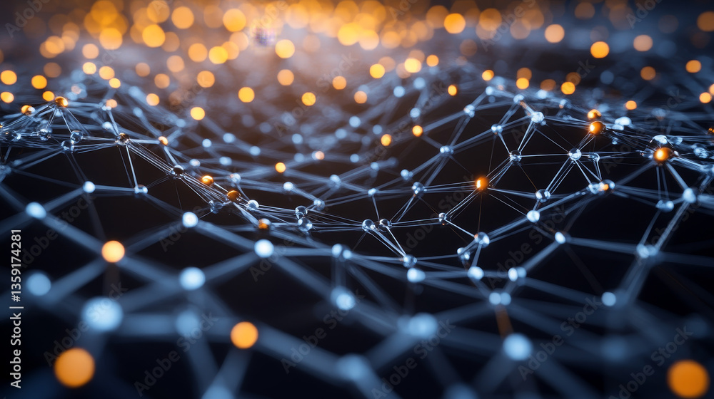 Poster hexagonal nano grid. molecular network of connected honeycombs. neural network. concept of nanotechn
