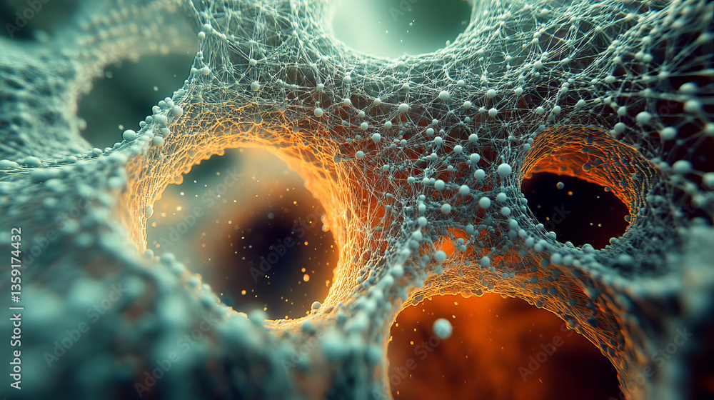 Poster hexagonal nano grid. molecular network of connected honeycombs. neural network. concept of nanotechn