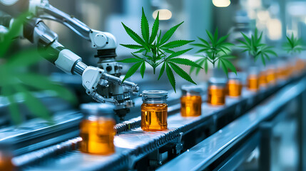 A robotic arm is assembling cannabis products on a conveyor belt in a modern manufacturing facility, showcasing automation in the cannabis industry.