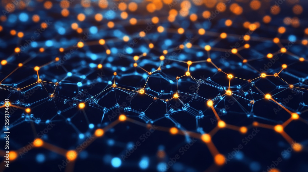 Poster hexagonal nano grid. molecular network of connected honeycombs. neural network. concept of nanotechn