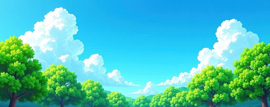 A vibrant and colorful vector illustration of a bright sunny background with a clear blue sky, fluffy white clouds, and lush green trees,  background,  clear sky