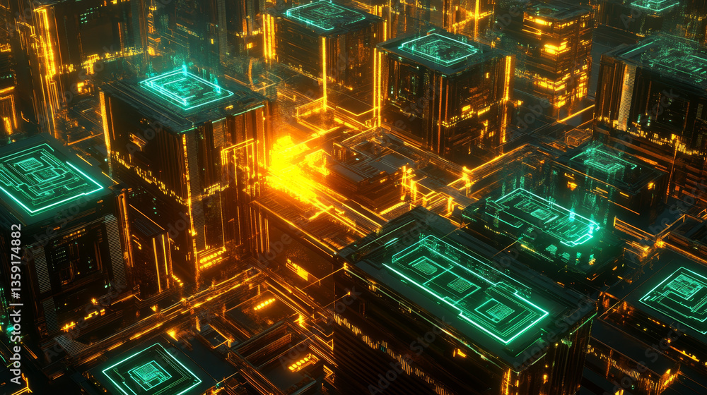 Poster fantastic technologies of future megalopolis. quantum computer. transmission of global data across c