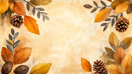 Warm autumn themed postcard with falling leaves and pine cones