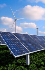 Wind turbines and solar panels farm in a field. 