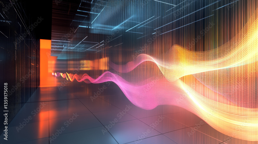 Aufkleber big data funnel. information waves, analytics data, field of successive points, data flow, neon ligh