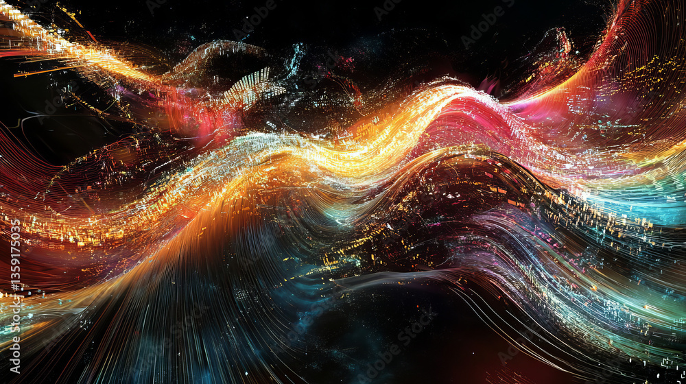 Poster big data funnel. information waves, analytics data, field of successive points, data flow, neon ligh