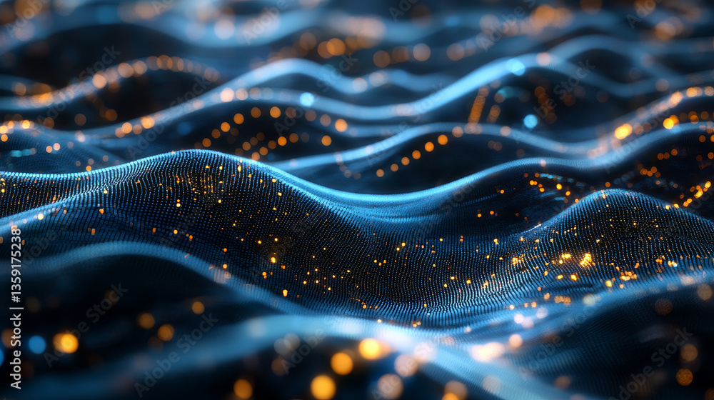 Poster big data funnel. information waves, analytics data, field of successive points, data flow, neon ligh