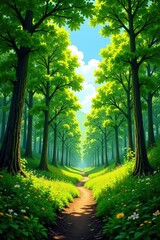 Fototapeta premium A vibrant and lush sunny forest filled with tall trees, dappled sunlight, and a clear blue sky overhead, daytime aesthetic, serenity