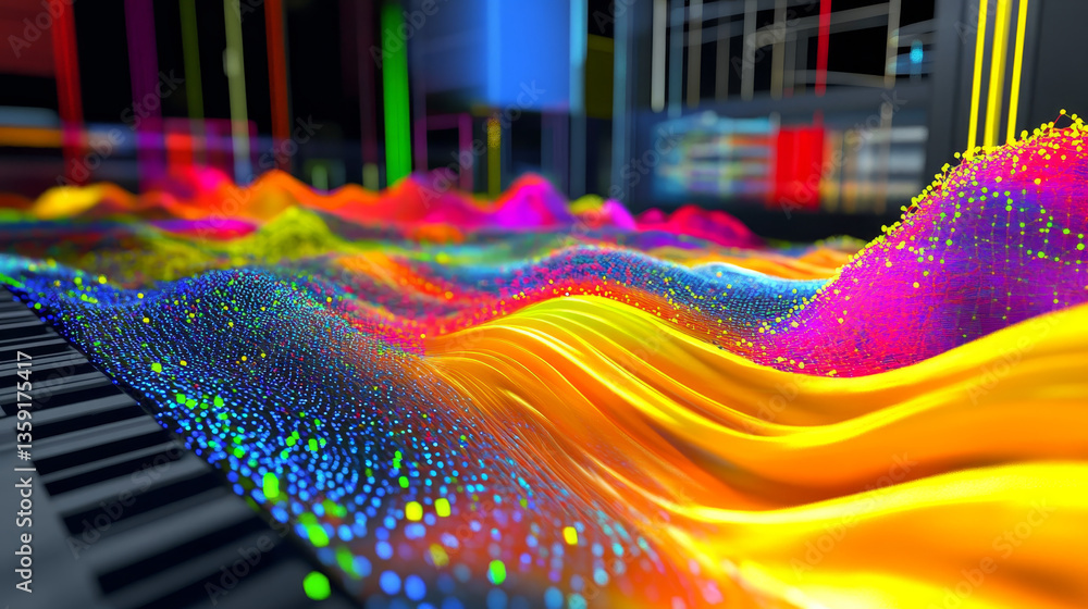Poster big data funnel. information waves, analytics data, field of successive points, data flow, neon ligh