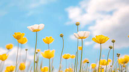 Fototapeta premium Yellow and white flowers under bright blue sky