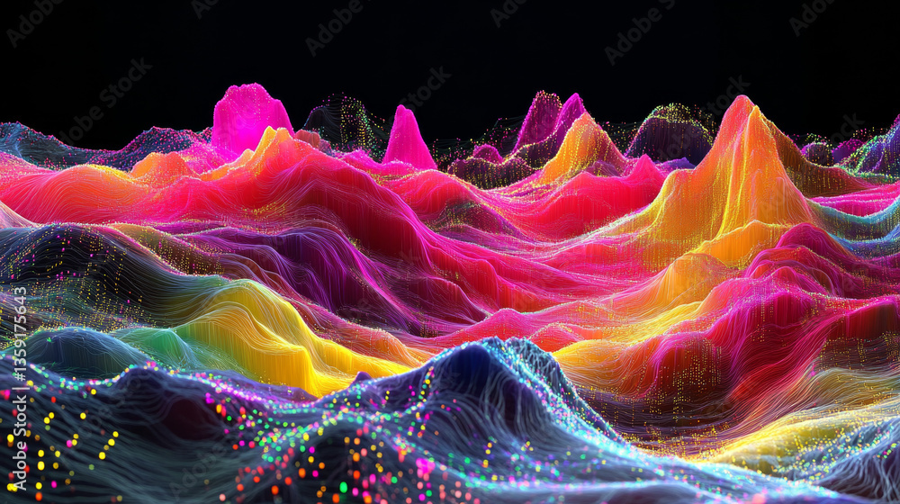 Aufkleber big data funnel. information waves, analytics data, field of successive points, data flow, neon ligh