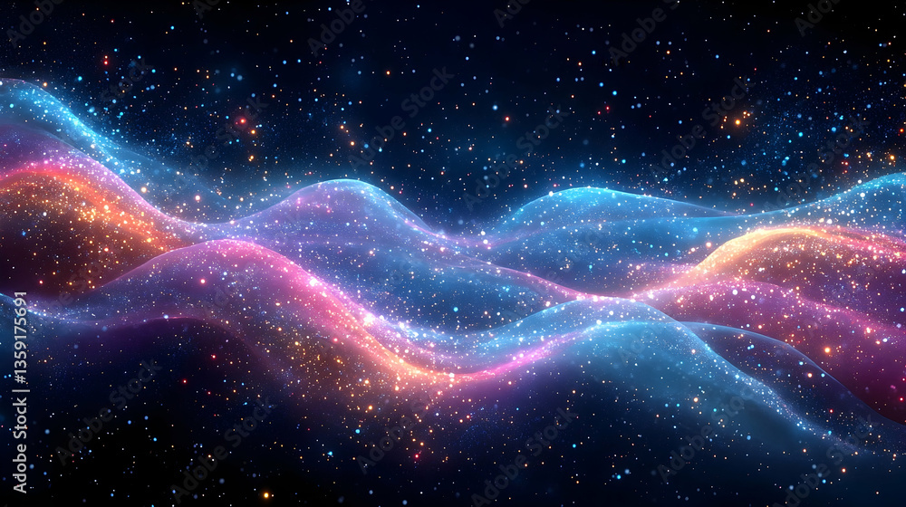 Poster colorful cosmic waves flowing through a starry space, creating a vibrant and dynamic celestial scene