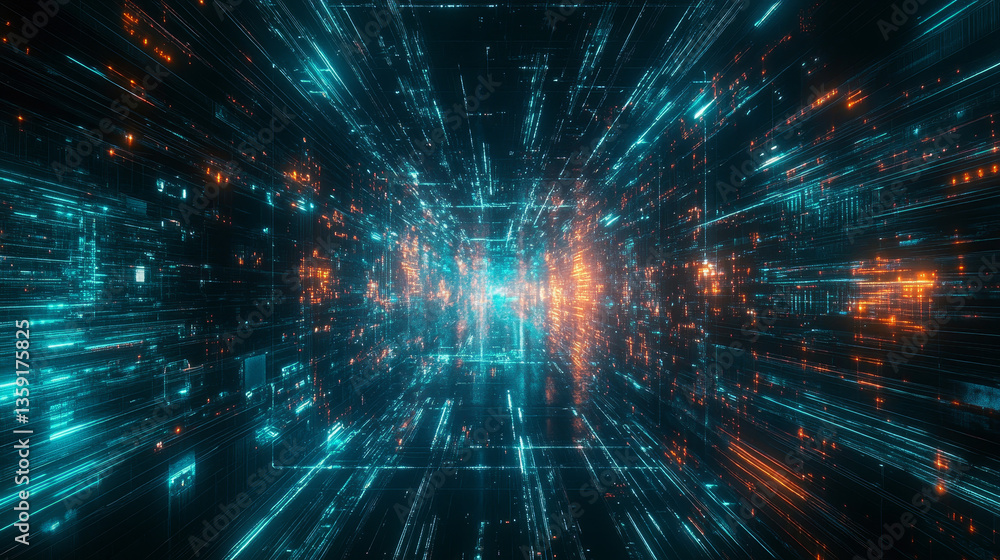 Poster digital data stream. big data metaverse. 3d illustration of network field of code strings